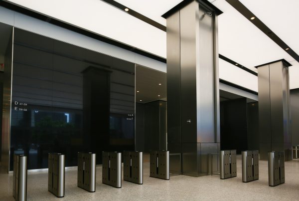 Fastlane optical turnstiles at 3 World Trade Center lobby security (Photo: Joe Woolhead)