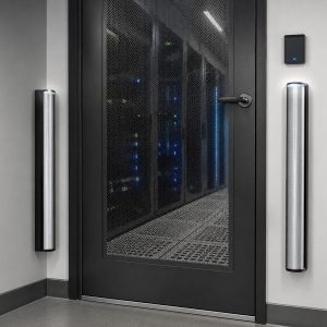 Door Detective CL sensors mounted on both sides of a glass server-room door with card reader, controlling data center access