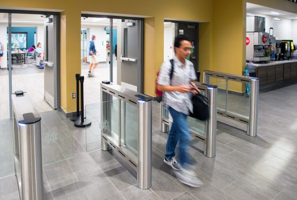 Fastlane Glassgate 150 optical turnstiles at University of Notre Dame dining hall lobby security