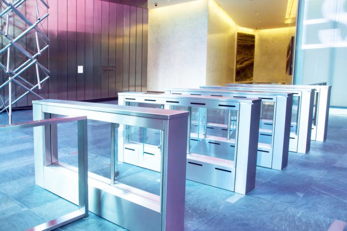 5 Smarter Security optical turnstiles in lobby area