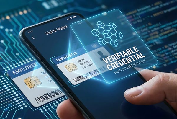 Hand holding a smartphone displaying a 'Verifiable Credential' screen with digital credential cards on a blue circuit-board background.