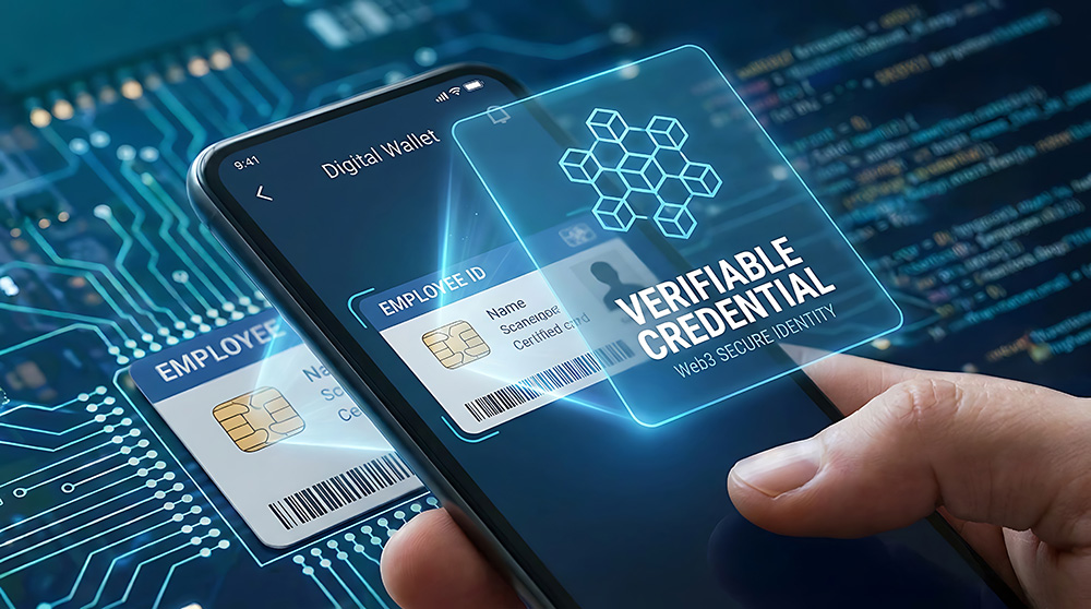 Hand holding a smartphone displaying a 'Verifiable Credential' screen with digital credential cards on a blue circuit-board background.